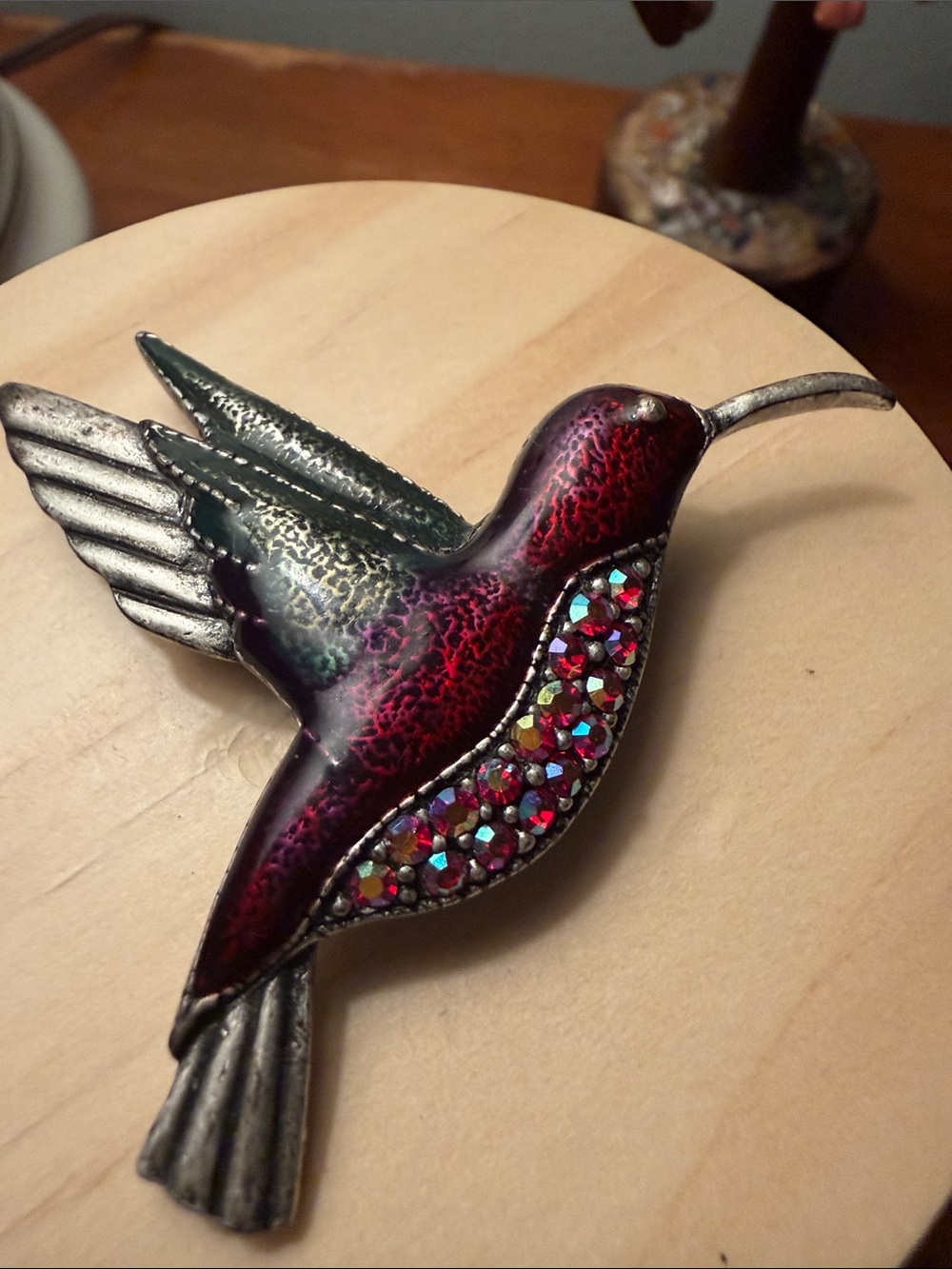 1988 Vintage Hummingbird Brooch in Red with Iridescent Accents